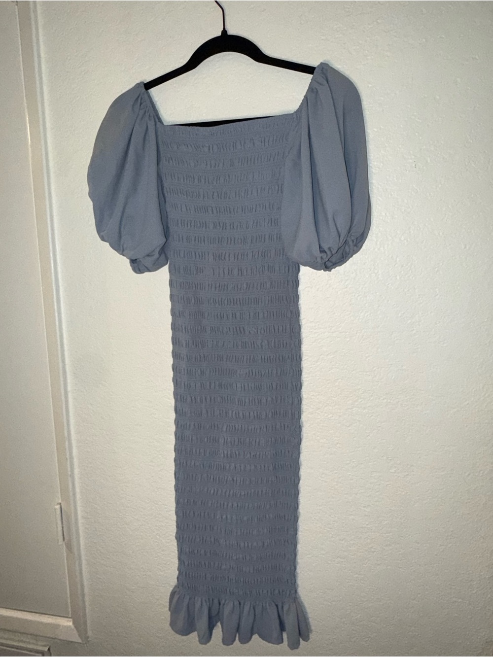 Velvet Dusty Blue Smocked Midi Dress with Puff Sleeves and Ruffle Hem